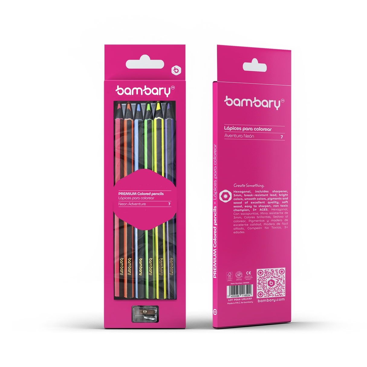 Hexagonal neon color pencils 7" X3.0 mm Set 6 unt + Sharpener