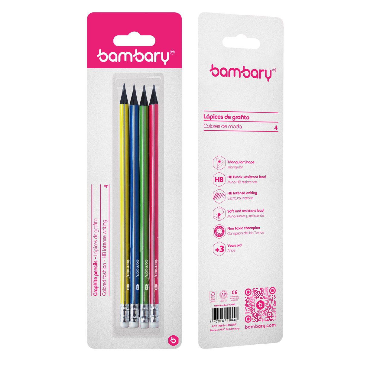 Triangular  Graphite Pencils 7" X2.20 mm HB Black Wood Strip Bambary Color Bli 4 unt