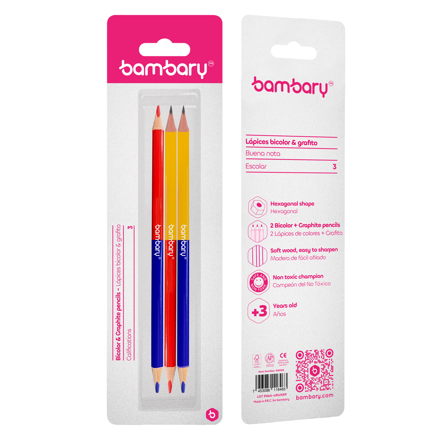 Set hexagonal pencils  7"X2.20 mm B/Blue + HB/Red + Red/Blue 3 pcs