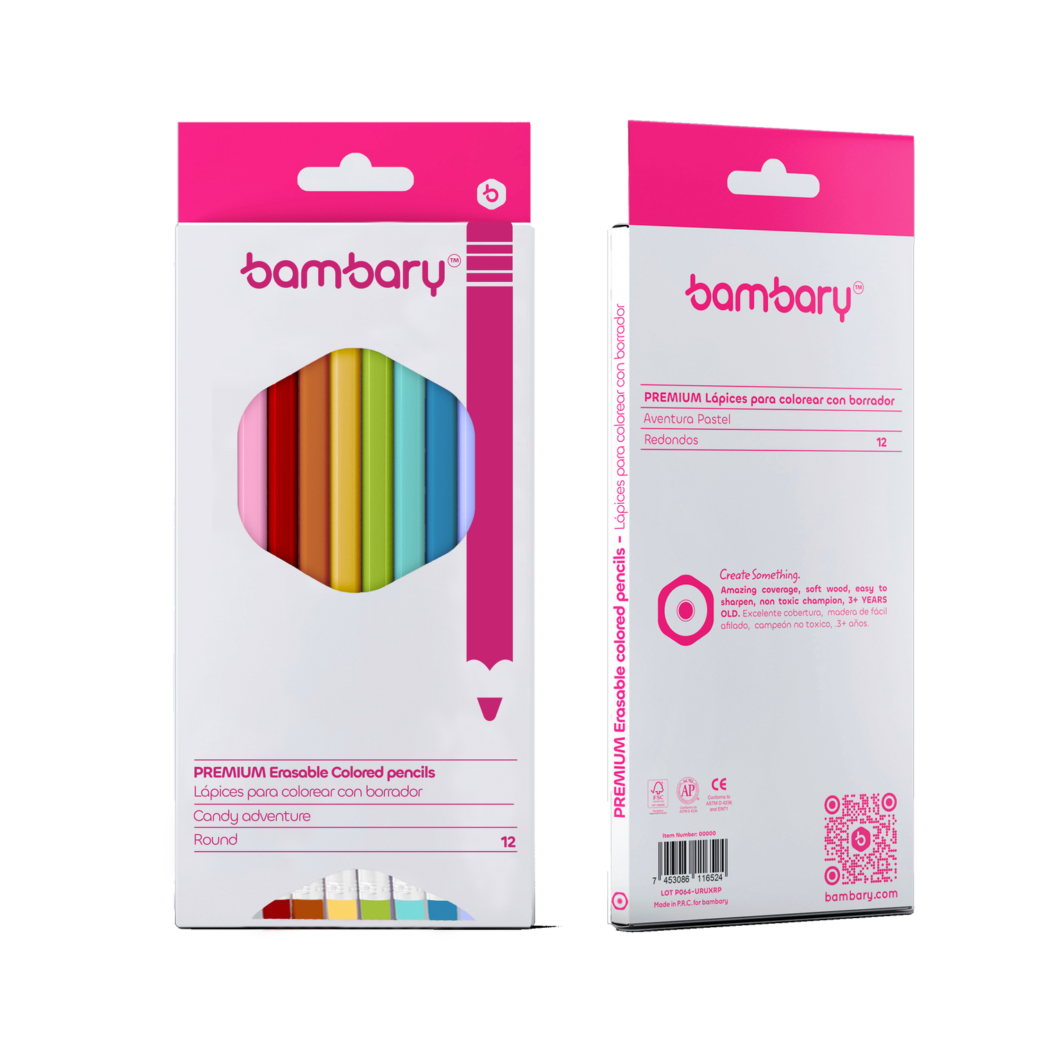 Round erasable pastel color pencils 7" X3.0 mm box 12 unt